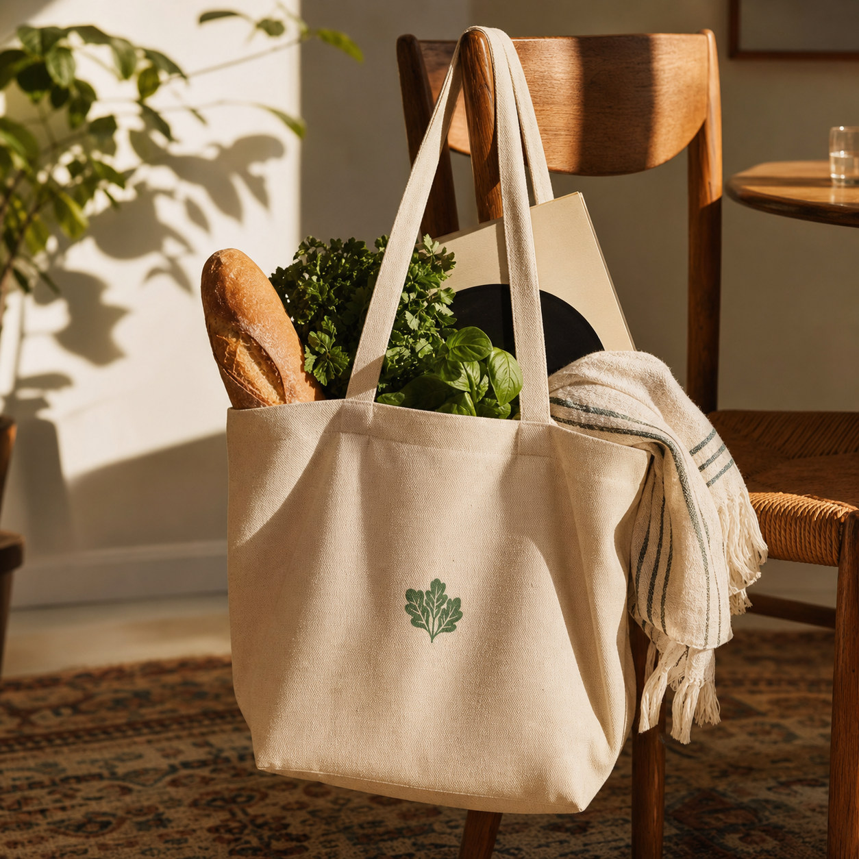 A canvas tote with groceries, a record, and a beach towel