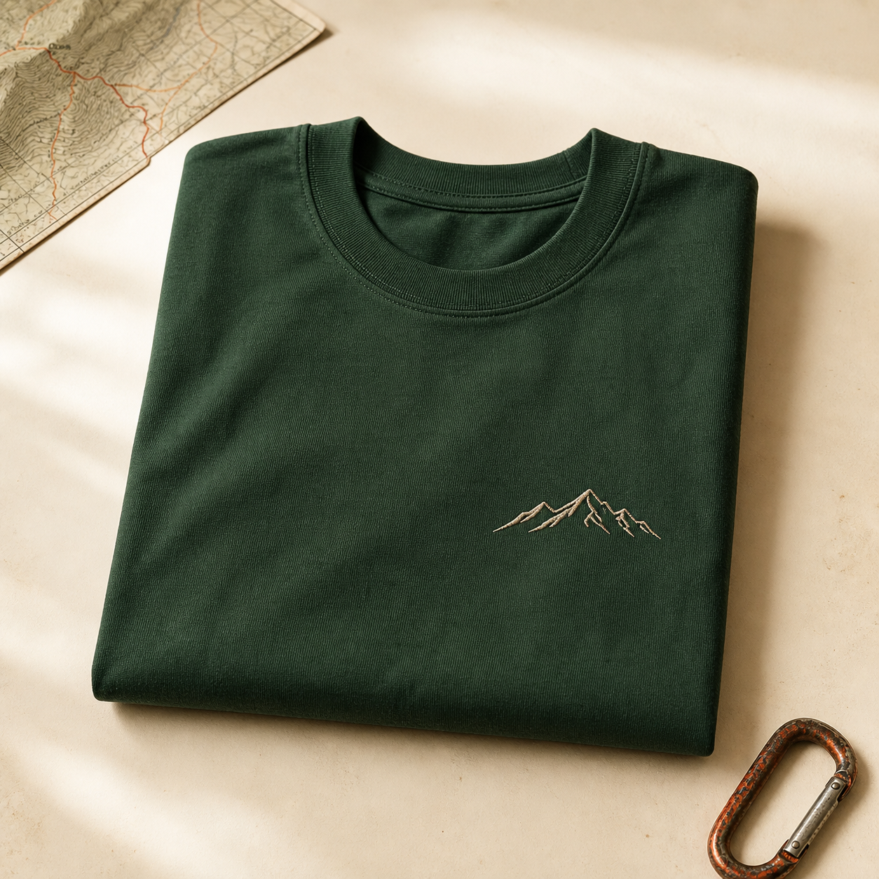 A folded forest-green T-shirt with a small mountain emblem