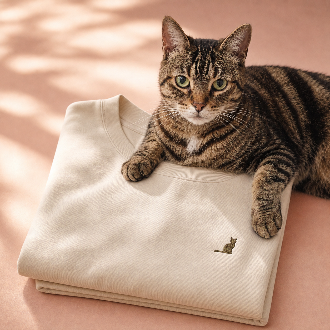 Zoey, a tabby cat, lounging on a folded cream crewneck sweatshirt